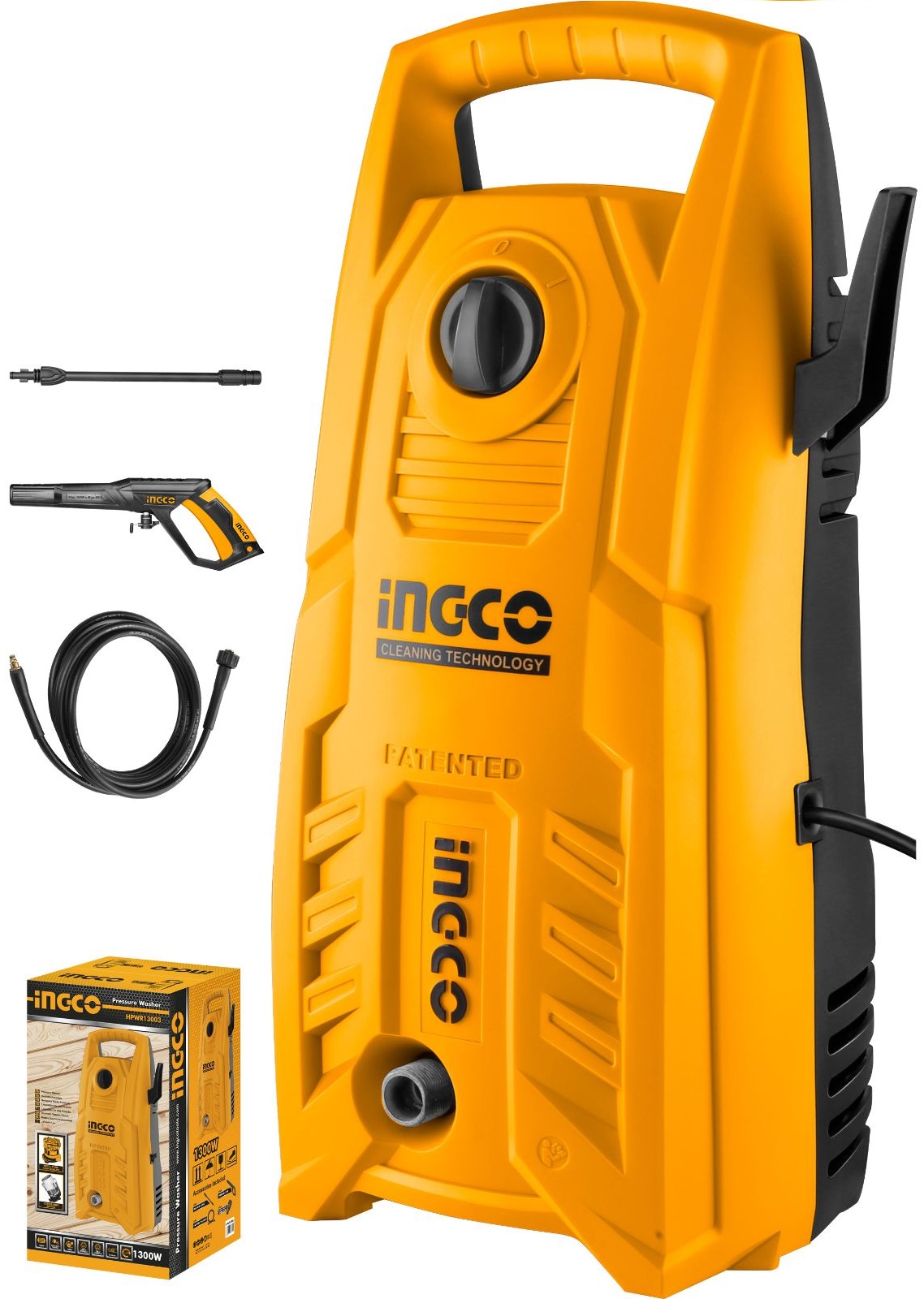 Voltage: 220 - 240V ~ 50/60Hz. Input power: 1 400W. Max pressure: 130 Bar (1 900 PSI). Flow rate: 5.5 L/min. Auto stop system. Carbon brush motor. Pure copper wire. Includes: 1 x water spray gun (AMSG028) and 1 x 5 m high-pressure hose (AHPH5028).