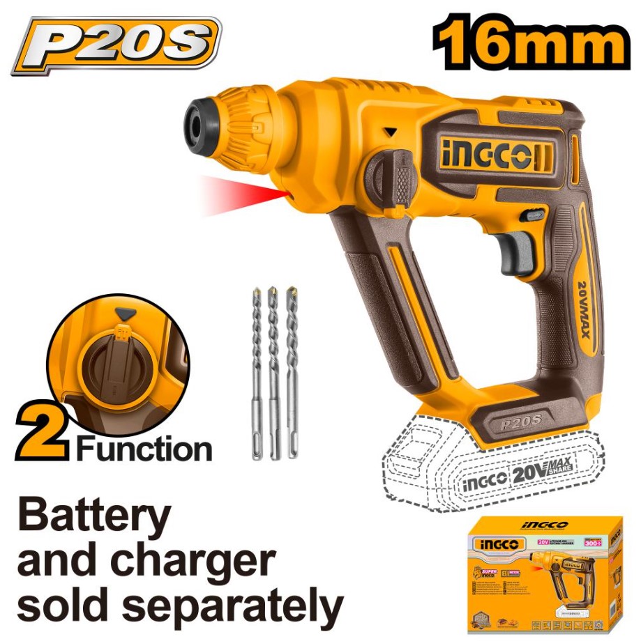 Lithium-Ion Rotary Hammer, Voltage: 20V, No-load speed: 0  850rpm, Impact rate: 0  5 100bpm, Impact energy: 1.5J, Max drilling capacity: ?16 in concrete, SDS plus chuck system, Integrated LED work light, Charger sold separately, Includes: 3 Pieces drills