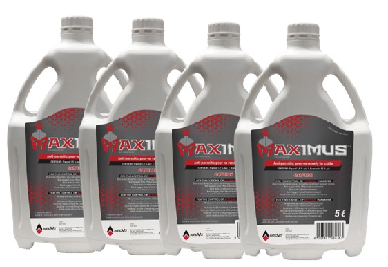 Maximus is a ready-to-use pour-on antiparasitic for cattle.