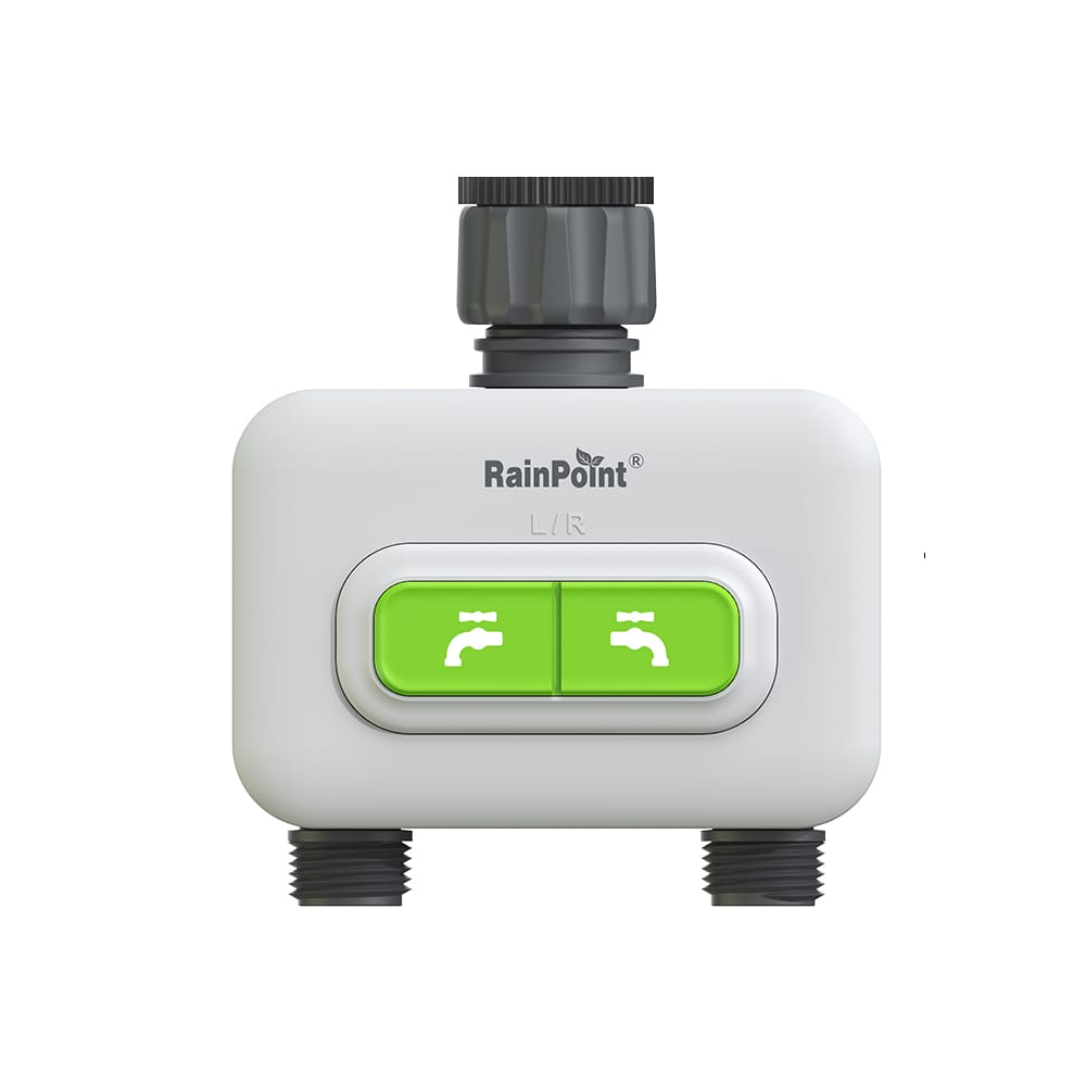 Manage two watering areas independently with the 2-Zone Smart Timer - ideal for lawns and flowerbeds. Control schedules remotely via the RainPoint App, monitor consumption with built-in flow sensors, and detect leaks instantly. Features two watering modes: Irrigation and Misting, perfect for both lawns and greenhouses. When paired with a RainPoint soil sensor, it automatically pauses watering once the soil reaches the ideal moisture level. Supports Alexa and Google Assistant voice control. Water-saving automation ensures every zone gets the right care, reducing waste and effort.