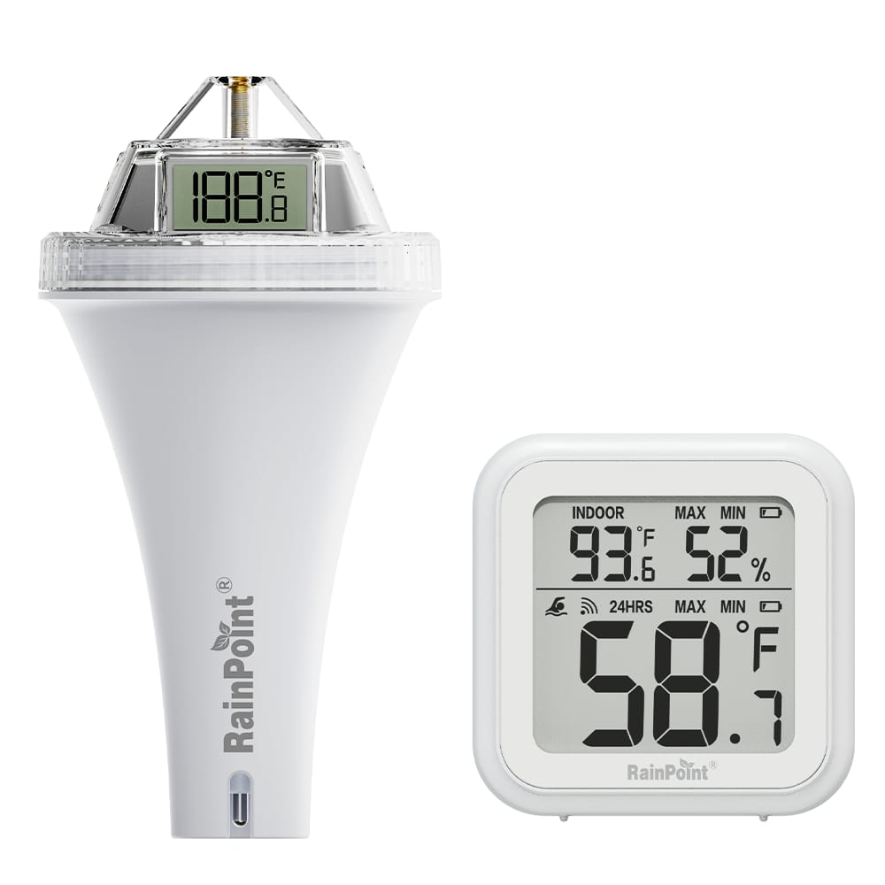 Dive into precision with the RainPoint Wireless Pool Sensor - your smart way to monitor water and air conditions around the pool. Track pool temperature, indoor humidity, and air readings all in one sleek display. With automatic wireless syncing up to 100 m, it keeps your pool at perfect comfort levels. The RainPoint App records daily highs and lows, ensuring you always know when to swim or adjust heating. Compact, waterproof, and easy to install - its your 24/7 poolside climate assistant, bringing convenience, safety, and smarter living together.