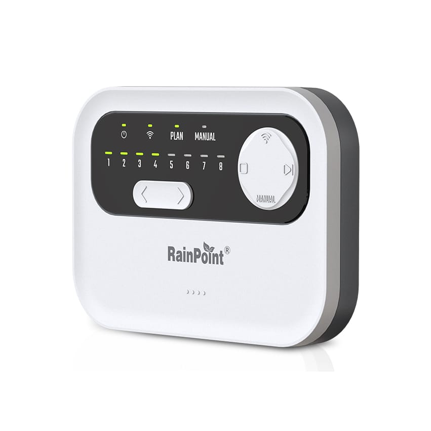Revolutionise irrigation with the RainPoint 8-Zone Smart Controller  designed for big gardens, estates, and farms. Manage up to 8 vRevolutionise irrigation with the RainPoint 8-Zone Smart Controller - designed for big gardens, estates, and farms. Manage up to 8 valves plus a main valve, connect two sensors, and automate watering from anywhere through the RainPoint App. With weather-based scheduling, rain delay, and seasonal adjustment, it ensures water-smart efficiency all year round. The easy-to-read interface and app-based control make setup effortless. This is professional-grade irrigation made simple, smart, and sustainable.alves plus a main valve, connect two sensors, and automate watering from anywhere through the RainPoint App. With weather-