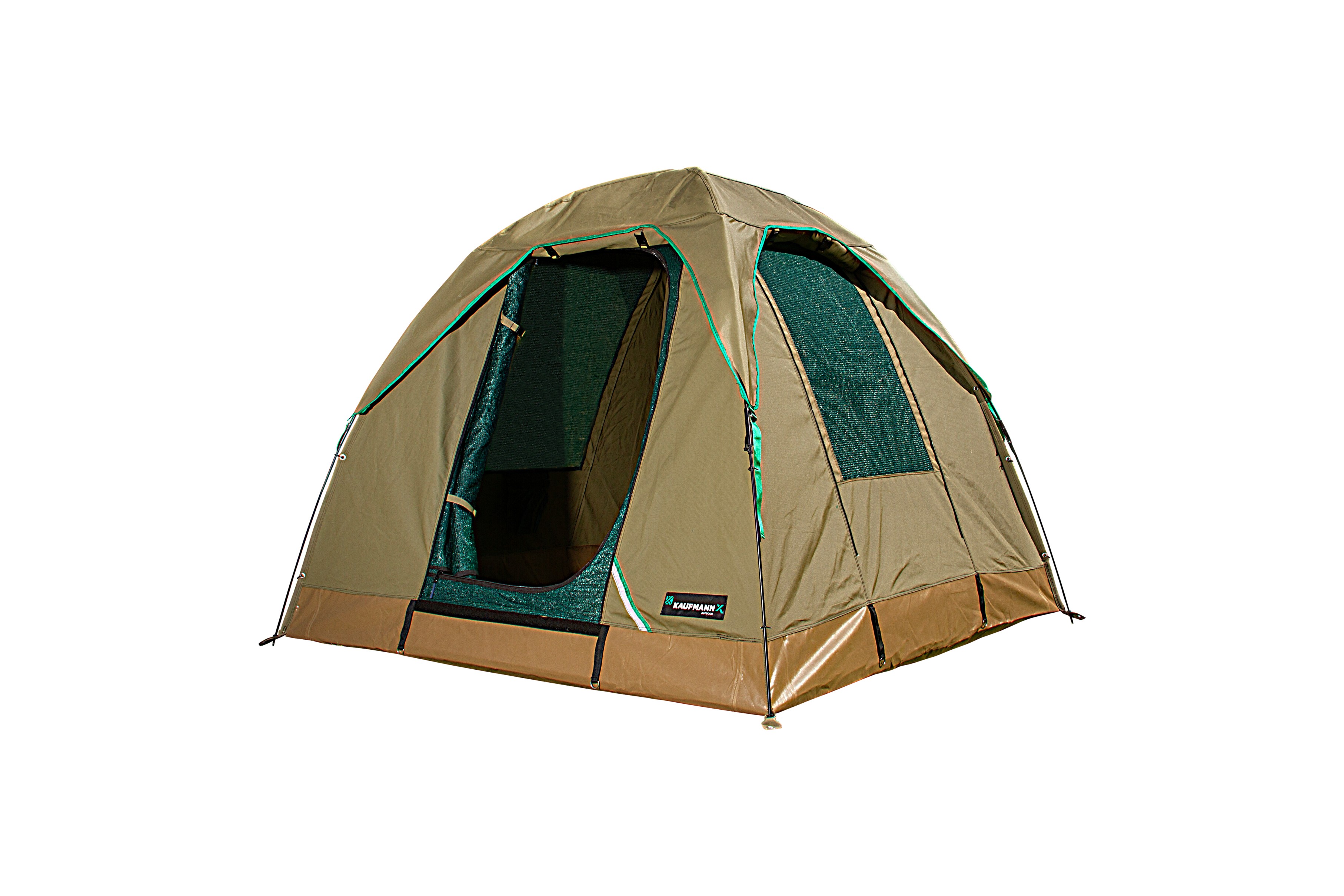 The Kaufmann X AFRI Canvas 6 Sleeper 3x3m Dome Tent with Skull Cap is built to endure the toughest camping conditions, offering reliable protection for your family outdoor adventures. Designed for 6 people, this tent is made tough from 320g Ripstop Canvas with exceptional weave strength, making it tear-resistant. The Ripstop AFRI Canvas is also UV-treated, and water-repellent. The Kaufmann X AFRI Canvas Dome Tent features only the highest-quality components, including YKK self-repairing zippers that are rustproof and built to last. The 550g PVC floor tub is welded for extra waterproofing, protecting against sharp debris on the ground. Ventilation is enhanced with UV-resistant shade cloth windows, a roof air vent, and two side windows. The included skull cap provides extra rain protection, allowing the air vent to remain open while staying shielded from the elements.