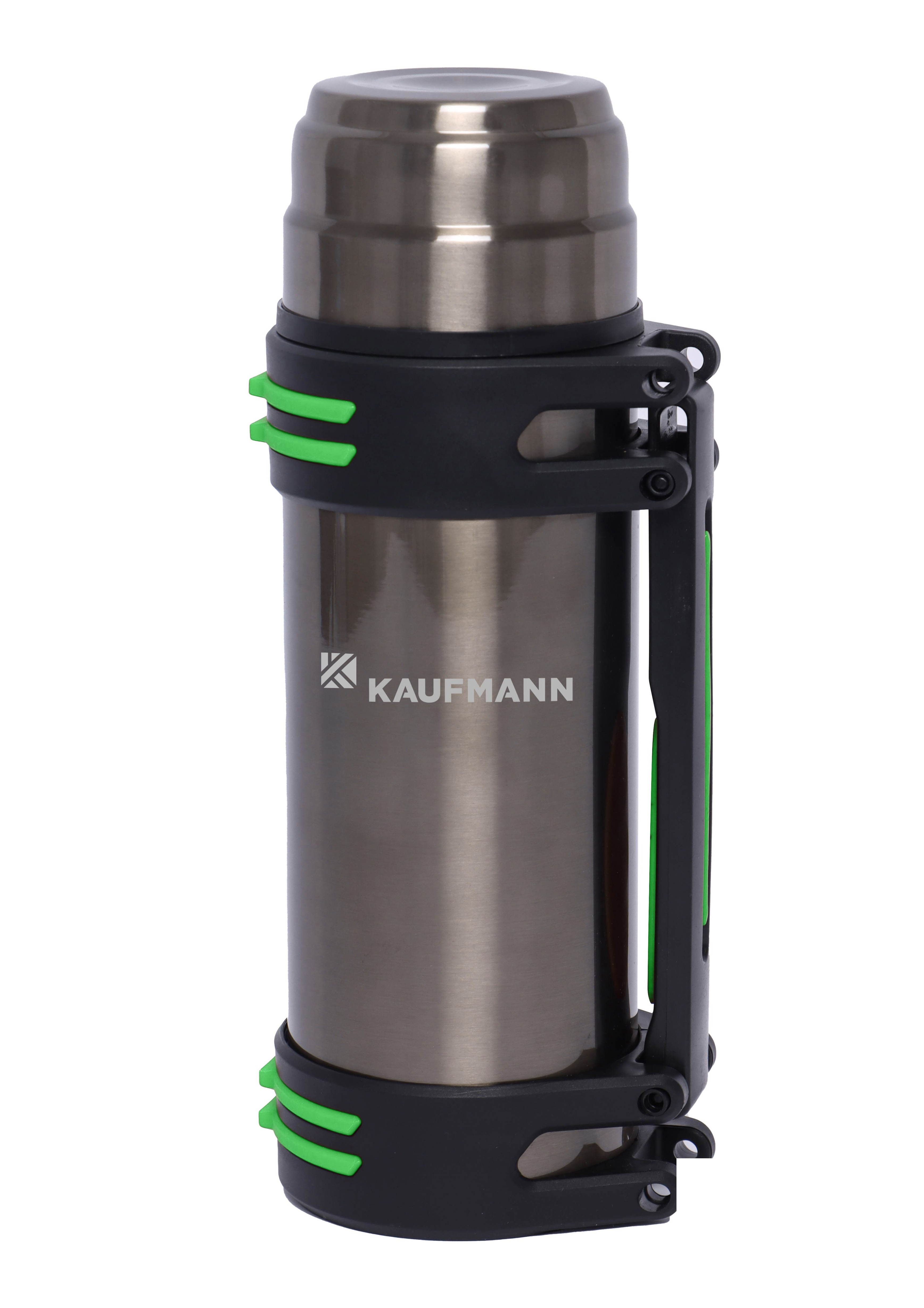 The Kaufmann Outdoor Stainless Steel Vacuum Flask (1.25L) is perfect for adventurers needing reliable temperature control for their drinks. Made from high quality, rust resistant stainless steel, this durable flask features double walled vacuum insulation that keeps beverages hot or cold for 12- 24 hours, ideal for camping, travel, and daily use. Durable Construction: High quality, rust resistant, and BPA free stainless steel. Large Capacity: 1.25 Liters, perfect for multiple servings. Leak Proof Cap: Sealed bottle cap locks in temperature with one click opening for easy pouring. Dual Caps: Includes two caps that double as cups for sharing. Non-Slip Handle: Ensures secure carrying. Specifications: Capacity: 1.25 Liters, Dimensions: 11.5cm x 10cm x 30cm, Weight: Approximately 500 - 700 grams. Care Instructions: Cleaning: Wash before first use and after each use with warm water and mild detergent; rinse thoroughly.