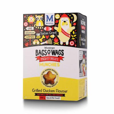 Grilled Chicken Flavour, Star-Shaped Biscuits Highly nutritious, fun-filled n' flavourful Bags O' Wags are the treats dogs love to get and they're full of crunchy, chicky goodness The Bags O' Wags range of treats make on excellent reward for goad behaviour. a tempting incentive when training or a between meal-snack that hits the spot. Ideal for daily use, Bags O' Wags treats make the perfect complement to every Montego Pet Nutrition dry or wet food diet. Bags O' Wags treats are made to the same high standards as all Montego Pet Nutrition products, using only the finest ingredients, prepared to perfection in our world-class facility. Disclaimer: Treat only, not a complete and balanced diet.