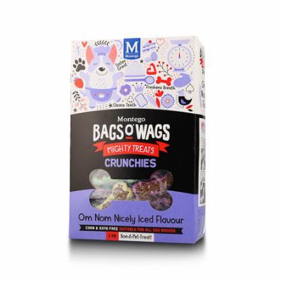 Om Nom Nicely Iced Flavour. Highly nutritious, wagtastically delicious, Bags O' Wags are the treats dogs love to get and they're full of om-nom-nice-to-munch-­and-crunch goodness! Benefits: Handcrafted Flavour- Handcrafted in small batches using the finest ingredients they taste as heavenly as they smell (to your dog!) Easy to Digest- A single source of protein means easier digestion for a happy tum (and crunchy fun) A Perfect Treat- Crunchy and easy to snap, these tasty treats are ideal as a delicious reward when training (or whenever!) Fresher Breath for Kisses- The teeth cleaning agent and rosemary extract clean teeth and freshens breath (For everyone's sake). Bags O' Wags treats are made to the same high standards as all Montego Pet Nutrition products, using only the finest ingredients, prepared to perfection in our world-class facility. Disclaimer: Treat only, not a complete and balanced diet.