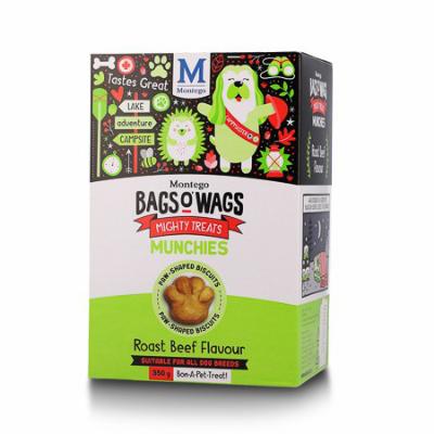 Roast Beef Flavour, Paw-Shaped Biscuits Highly nutritious, fun-filled n' moreish Bags O' Wags are the treats dogs love to get and they're full of yummy, beefy goodness! The Bags O' Wags range of treats make on excellent reward for goad behaviour. a tempting incentive when training or a between meal-snack that hits the spot. Ideal for daily use, Bags O' Wags treats make the perfect complement to every Montego Pet Nutrition dry or wet food diet. Bags O' Wags treats are made to the same high standards as all Montego Pet Nutrition products, using only the finest ingredients, prepared to perfection in our world-class facility. Disclaimer: Treat only, not a complete and balanced diet.