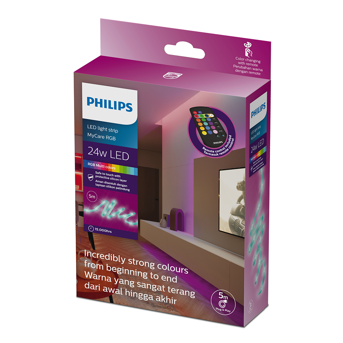 The Philips MyCare Lightstrip 5M RGB 24V GM is a flexible, colour changing LED strip designed to enhance indoor spaces with dynamic lighting effects. Whether used for ambience, accent lighting, or creative decor, it offers versatility and style in a simple