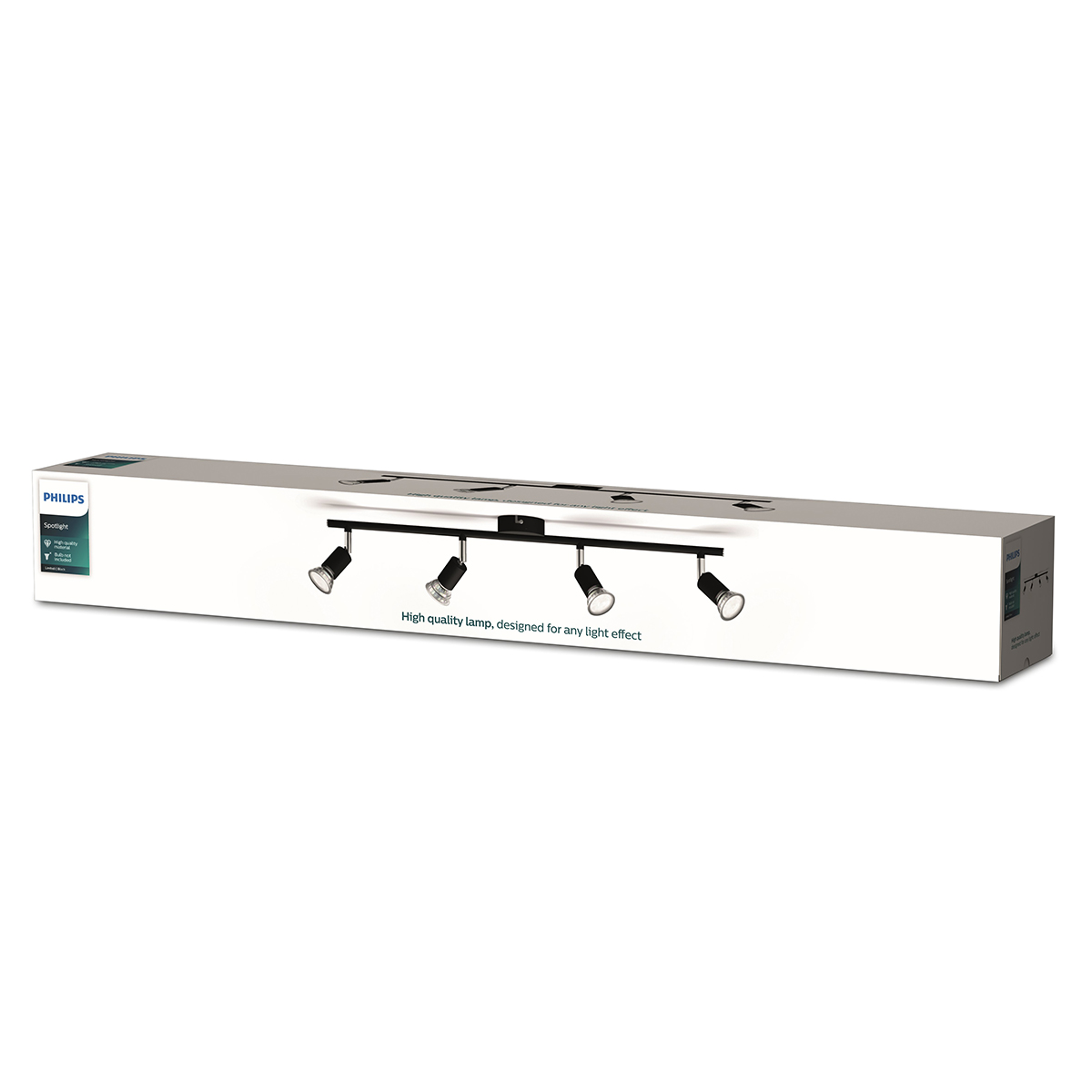 The Philips Limbali Bar/Tube Black 4x50W 230V is a modern and versatile spotlight fitting designed for directional lighting in residential or commercial spaces. It accommodates two GU10 lamps (up to 50W each) and allows precise aiming for accent or task li