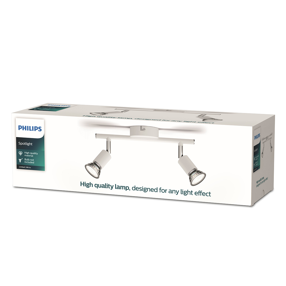 The Philips Limbali Bar/Tube White 2x50W 230V is a modern and versatile spotlight fitting designed for directional lighting in residential or commercial spaces. It accommodates two GU10 lamps (up to 50W each) and allows precise aiming for accent or task li
