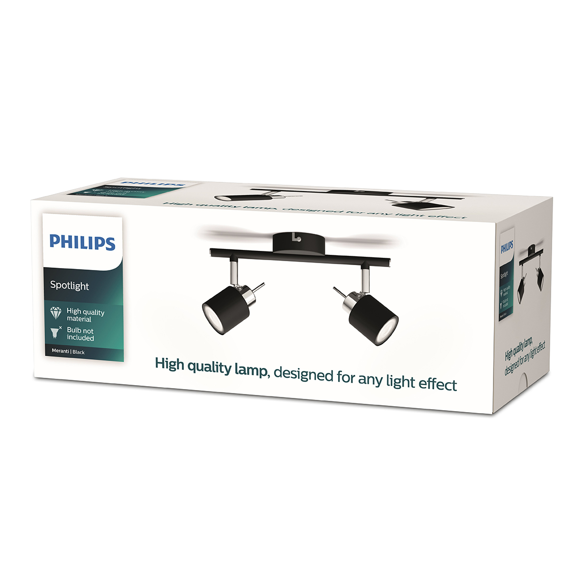 The Philips Miranti Bar/Tube black 2X35W 230V is a modern and versatile spotlight fitting designed for directional lighting in residential or commercial spaces. It accommodates two GU10 lamps (up to 35W each) and allows precise aiming for accent or task li