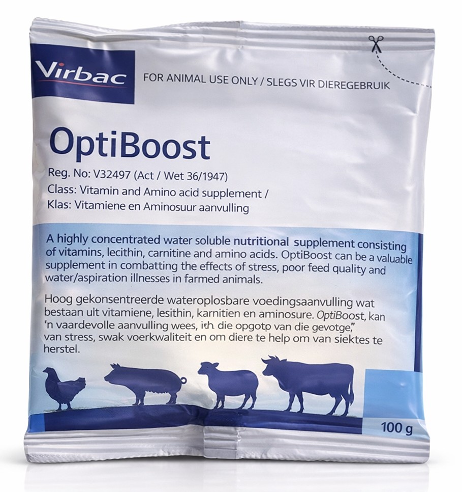 A highly concentrated water soluble nutritional supplement consisting of vitamins, amino acids, sodium butyrate, lecithin and carnitine. A nutritional supplement for combating the effects of stress, poor feed quality as well as assisting animals in recovering from illness. A nutritional supplement for combating the effects of stress, poor feed quality as well as assisting animals in recovering from illness. Registered for all livestock species, including poultry, cattle, sheep, goats, horses, pigs, cacing pigeons, ostriches and game. Contains a high level of vitamin A and a unique ingredient for optimal gut health. Highly palatable.