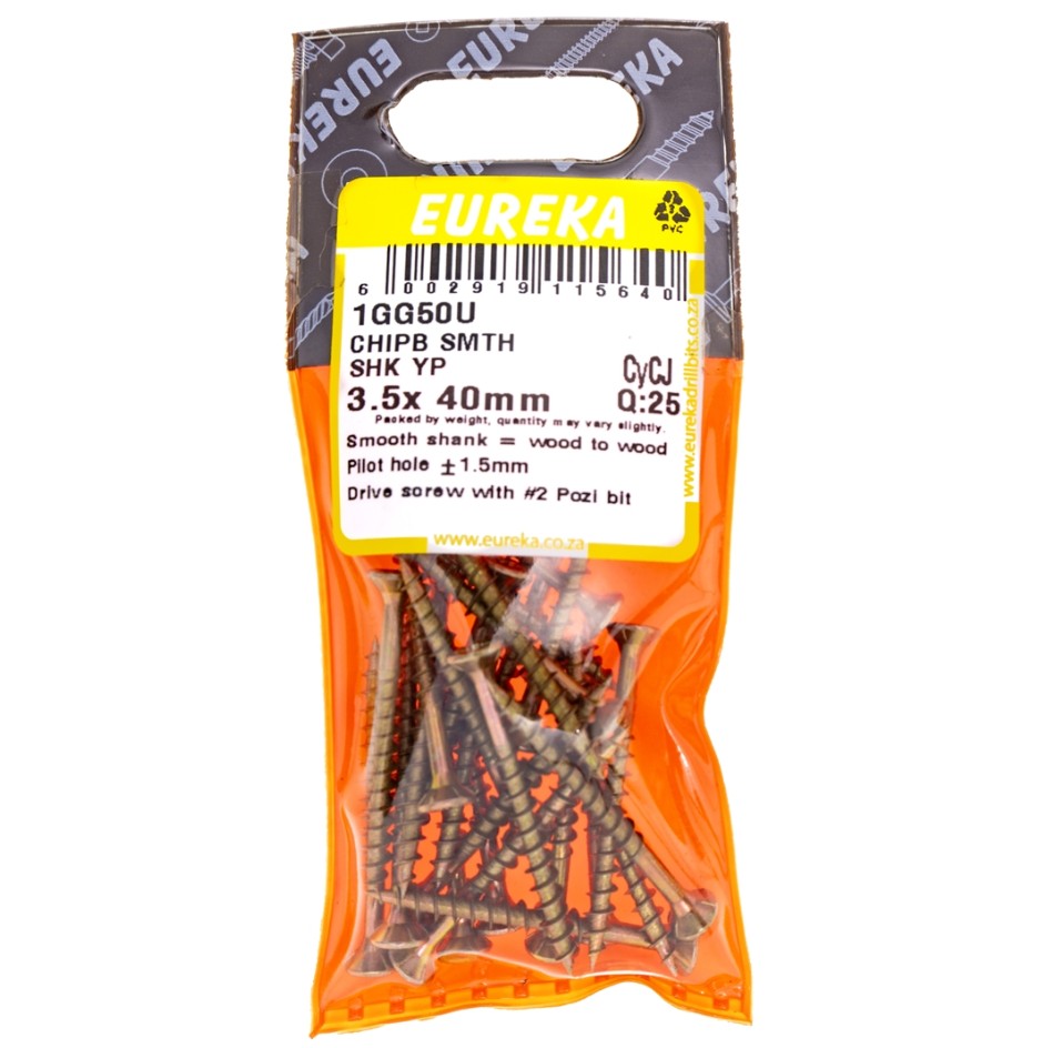 Chipboard Screws are ideal for chipboard and softer types of wood.The smooth shank part of the screw allows it to spin in the top piece of wood and at the same time pull the bottom piece tightly against the top piece, thus leaving no gap between the two.The smooth shank prevents the screw head from pulling into the top piece of wood while it is driven into the bottom piece.These screws feature Pozi drive heads.They are yellow passivated and have great weather resistance.