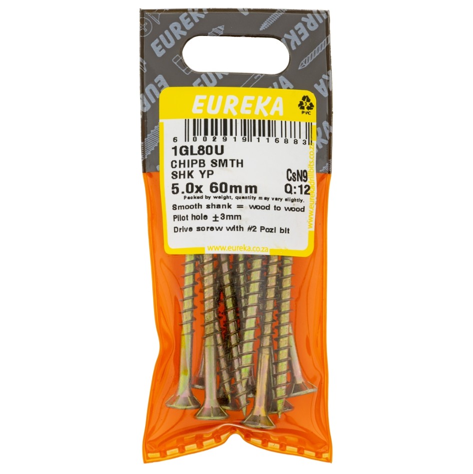 Chipboard Screws are ideal for chipboard and softer types of wood.The smooth shank part of the screw allows it to spin in the top piece of wood and at the same time pull the bottom piece tightly against the top piece, thus leaving no gap between the two.The smooth shank prevents the screw head from pulling into the top piece of wood while it is driven into the bottom piece.These screws feature Pozi drive heads.They are yellow passivated and have great weather resistance.