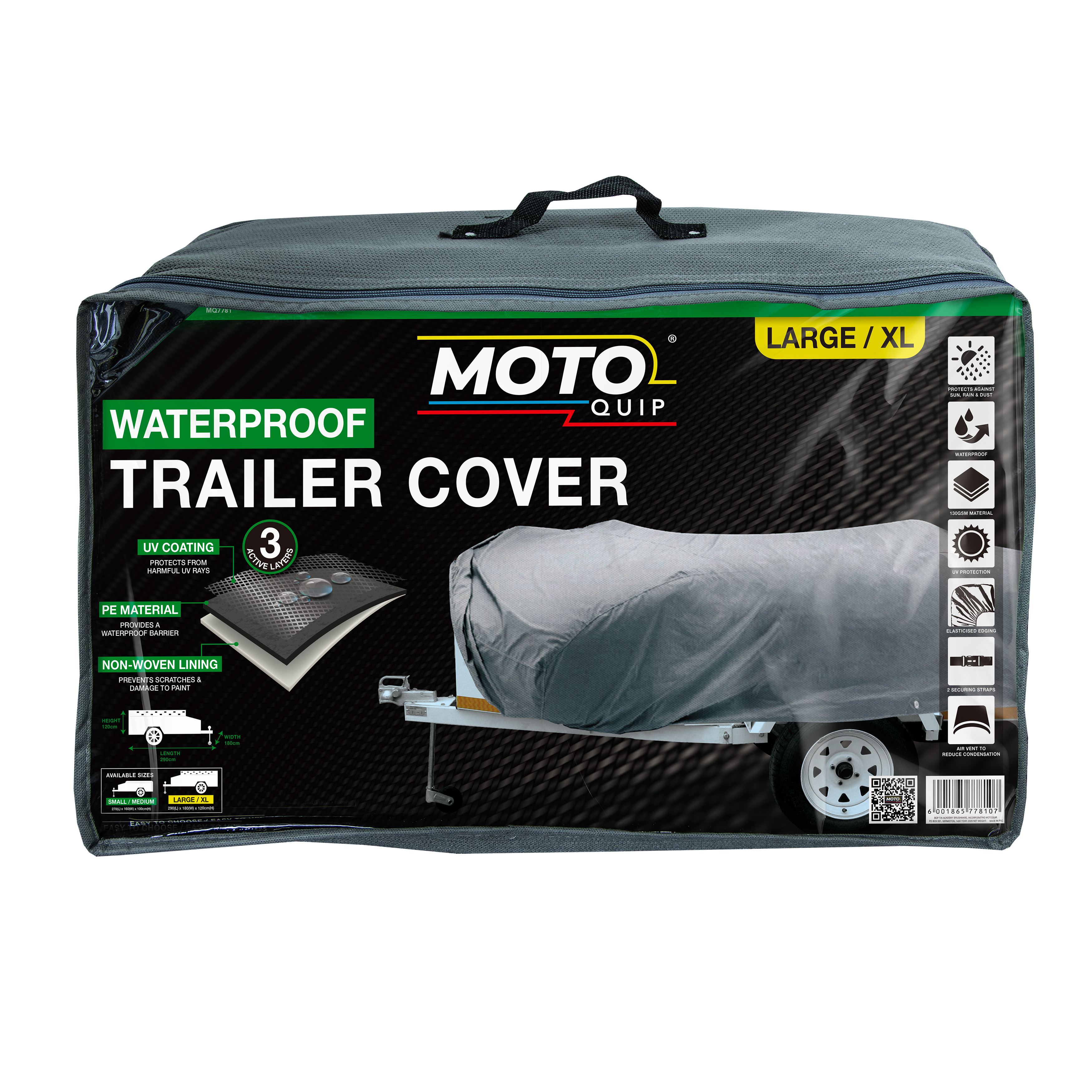 Waterproof silver/grey cover for larger 4x4 trailers, accommodating those that are 7 feet in length and upwards.