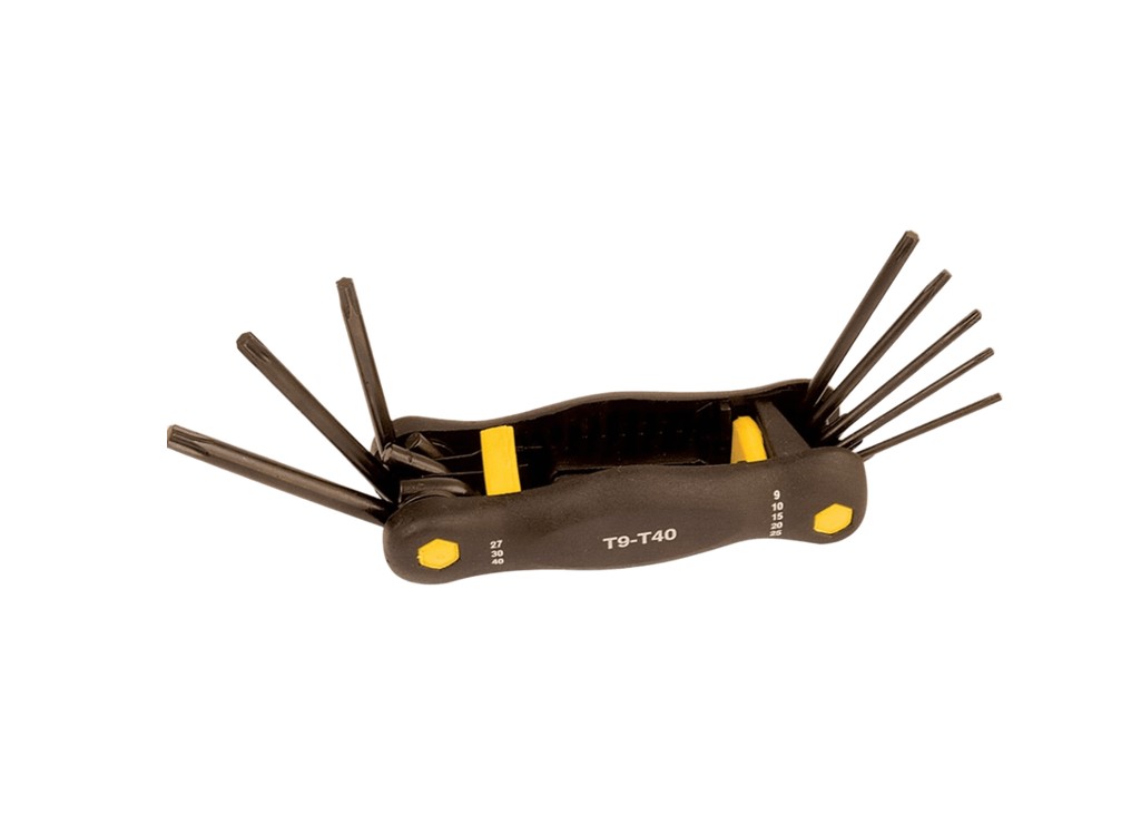 This tool is made of carbon steel, has a black finish, and is available in sizes T9 to T40.