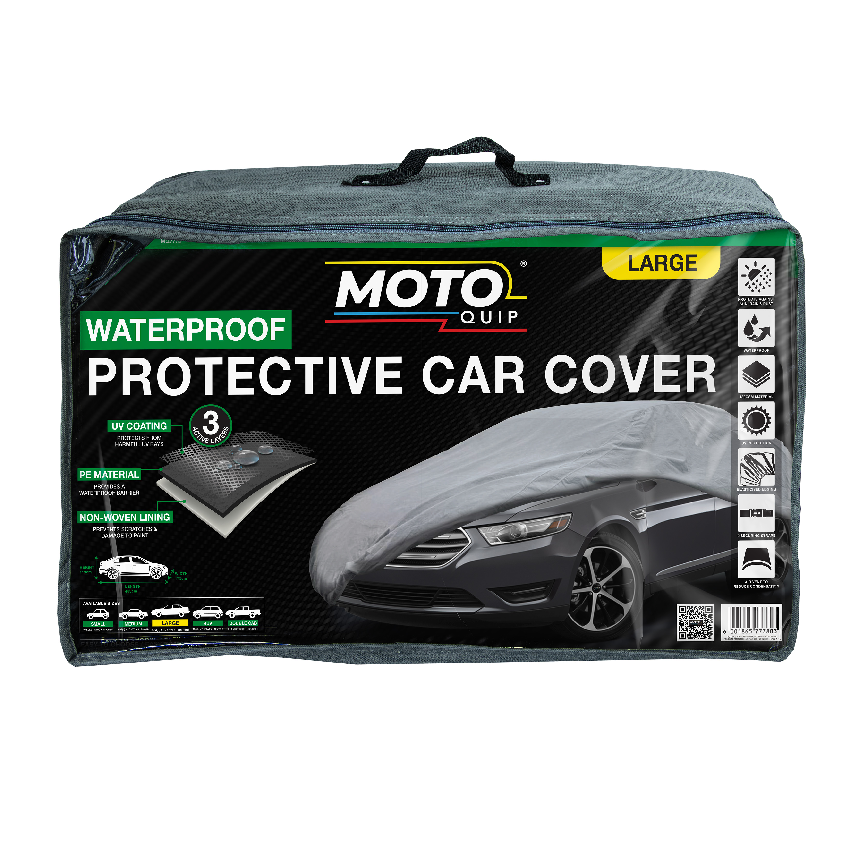 A large waterproof car cover, size 483 x 175, made to accommodate vehicles between 4.3 meters and 4.8 meters.