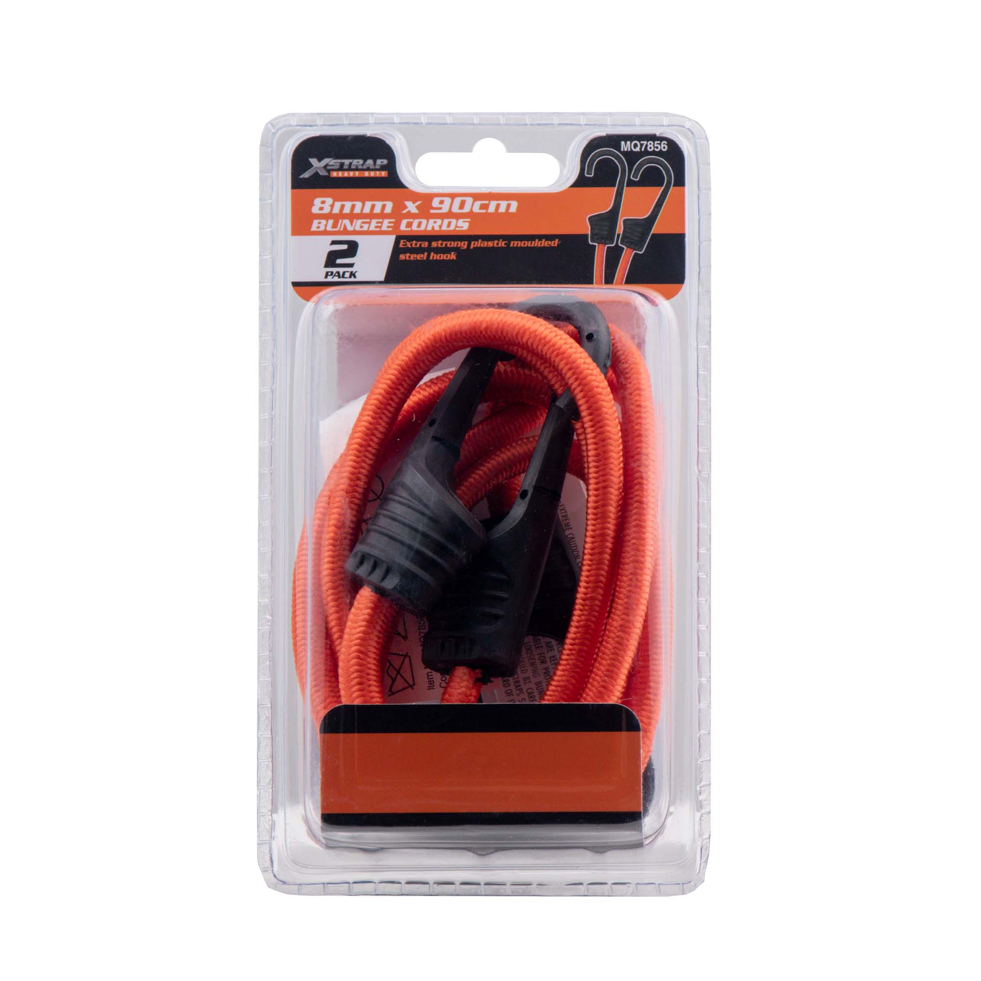 A pair of 90cm, 8mm round bungee cords equipped with extra strong plastic hooks for superior strength and grip.