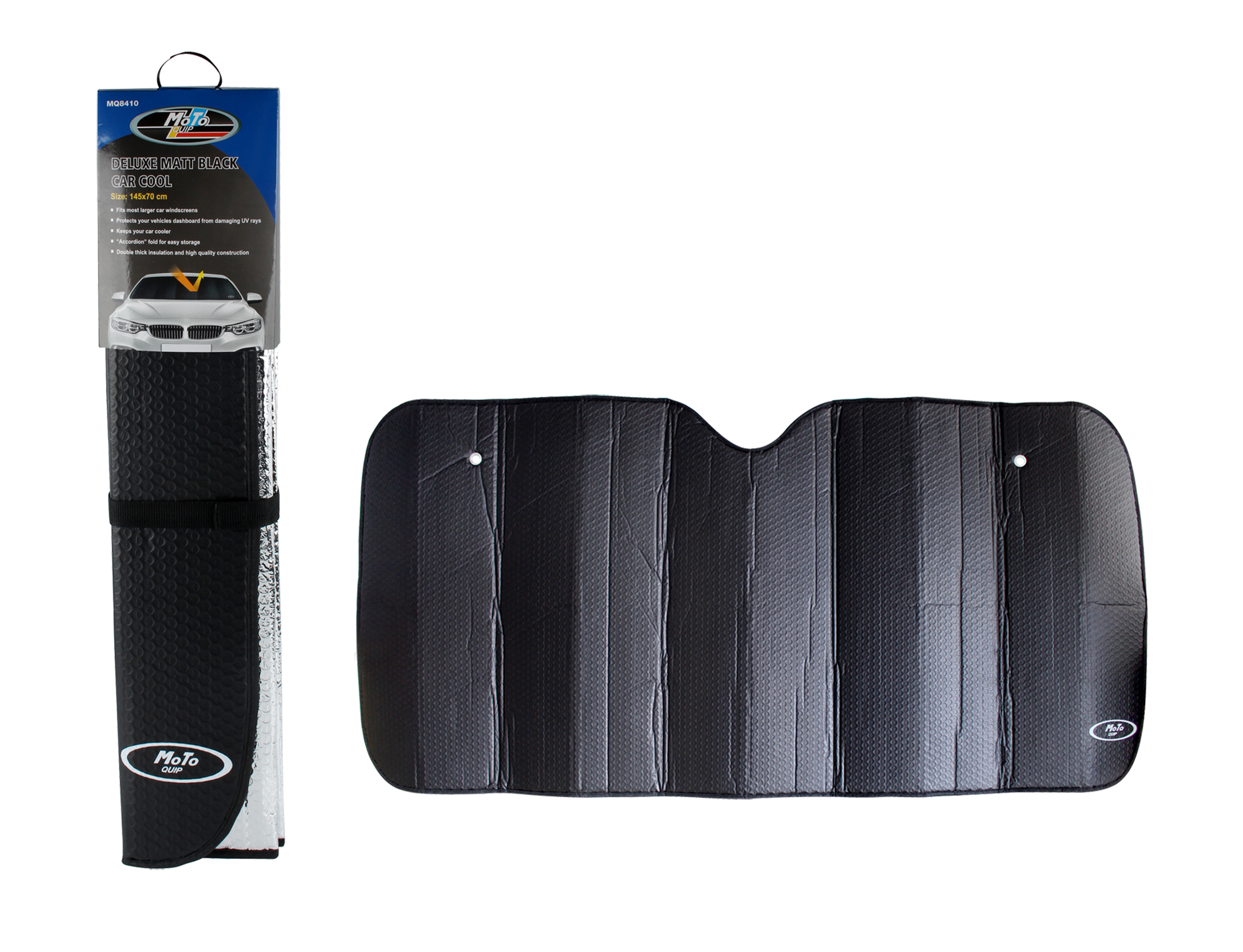 A deluxe black mat for larger windscreens, sized 145x70cm, providing shade for bigger cars and SUVs.
