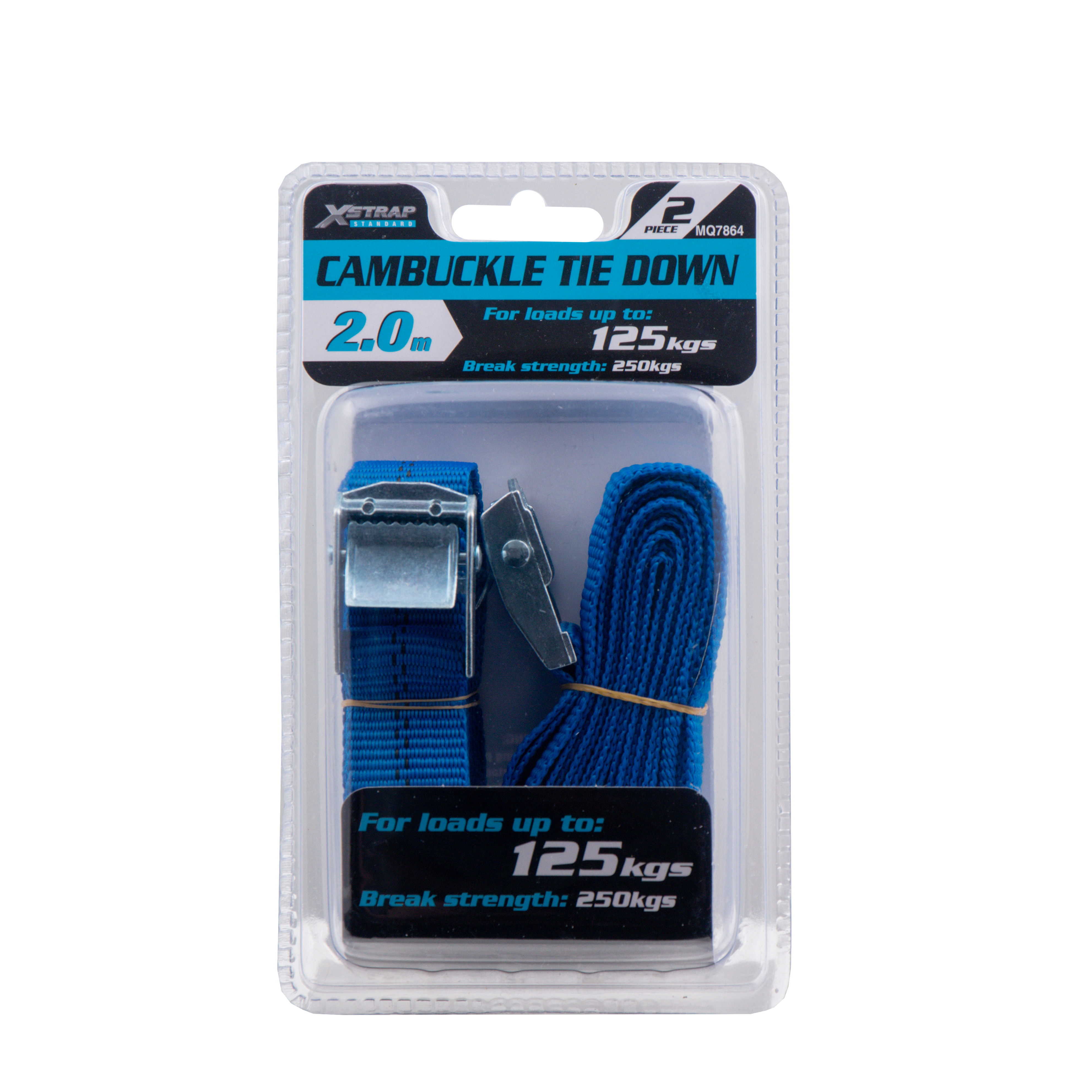 A standard 2.0M x 25mm cam buckle tie-down with a 250kg breaking strength for securing light to medium loads.