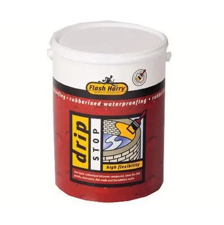 Drip Stop is a non-toxic, water-based rubberised bitumen compound that offers excellent flexibility, making it ideal for use on fishponds, reservoirs, flat roofs, foundation walls, and most roofing details. It must be applied together with a waterproofing membrane, and on porous surfaces, a priming coat consisting of a 50% dilution of product and water is recommended. For areas subject to permanent ponding, allow seven rain-free days for curing, noting that drying time will vary depending on ambient temperature and humidity. Drip Stop should not be overcoated with acrylic waterproofing systems or acrylic paints. Where exposed to UV rays, it is advisable to apply Alu-Coat Silver (a bituminous aluminium paint) as a protective overcoat. The product is not suitable for areas exposed to negative water pressure, nor is it recommended for swimming pools or fibreglass applications. Clean equipment with water while the product is still wet, and use thinners, solvent, or petrol once it has dried. The compound is black in colour, and compatibility should always be confirmed before applying it over existing, unknown waterproofing products.
