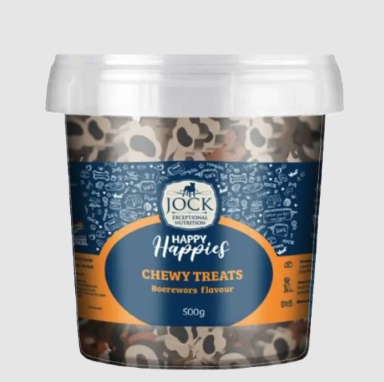 Spoil your furry friend with Jock Happy Happies Chewy Dog Treats in irresistible Biltong flavour! These soft, chewy treats are perfect for training sessions, rewarding good behavior, or simply showing your dog how much you care. Packed in a convenient 500 g resealable bucket, they stay fresh and ready for every treat moment, and dogs of all breeds love their meaty goodness. For even more tail-wagging variety, try other delicious South African flavours like Braaivleis and Boerewors. Happy Happies  let your dogs inner superstar shine! Storage tip: keep in a cool, dry place to maintain freshness.