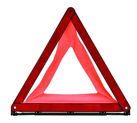 A folding warning triangle contained in a large plastic case, ensuring quick deployment and high visibility.