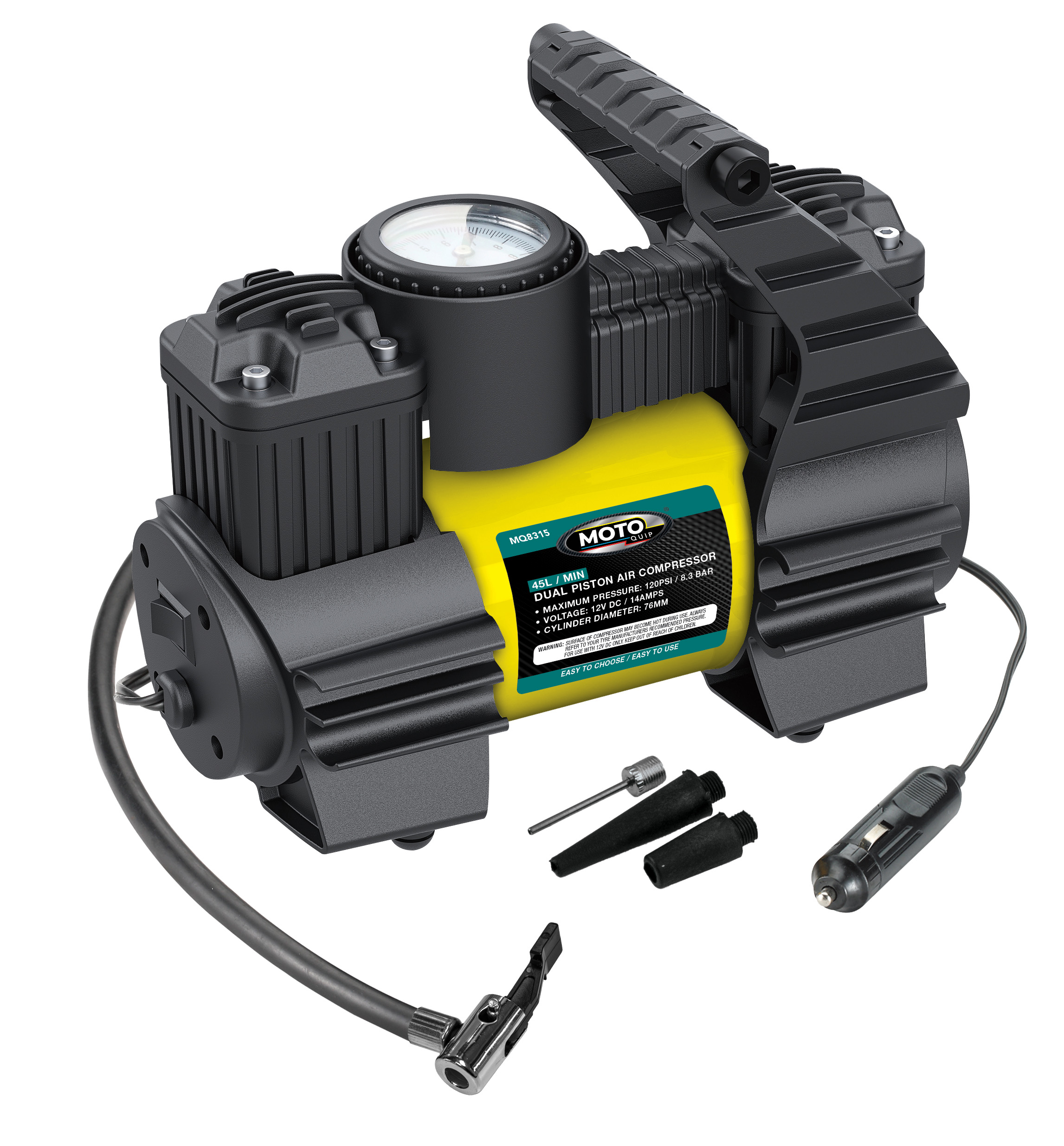 A Moto-Quip 50L compressor equipped with a release valve for controlled pressure management and safety.