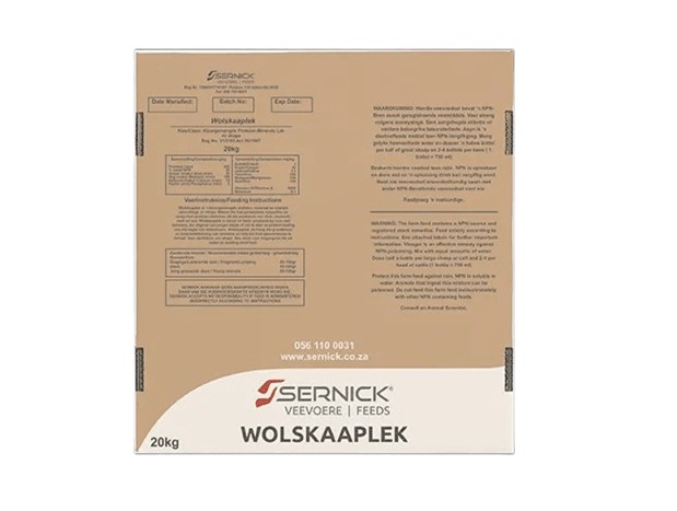 Wool Sheep Lick Concentrate is a high-quality protein supplement with sufficient energy to stimulate meat, wool, and milk production. Over the past year, it has been successfully used as a maintenance, production, and energy lick on dry winter pasture. ItsWool Sheep Lick Concentrate is a high-quality protein supplement with sufficient energy to stimulate meat, wool, and milk production. Over the past year, it has been successfully used as a maintenance, production, and energy lick on dry winter pasture. Its high levels of bypass protein and sulfur-containing amino acids help stimulate milk flow, improve colostrum quality, and prevent breekwol during periods of stress or poor feeding. By activating rumen micro-organisms, it improves grass digestion and helps animals make better use of available pasture. Wool Sheep Lick also supports small stock productivity by boosting immunological responsiveness, reducing the impact of parasite contamination during stressful times.