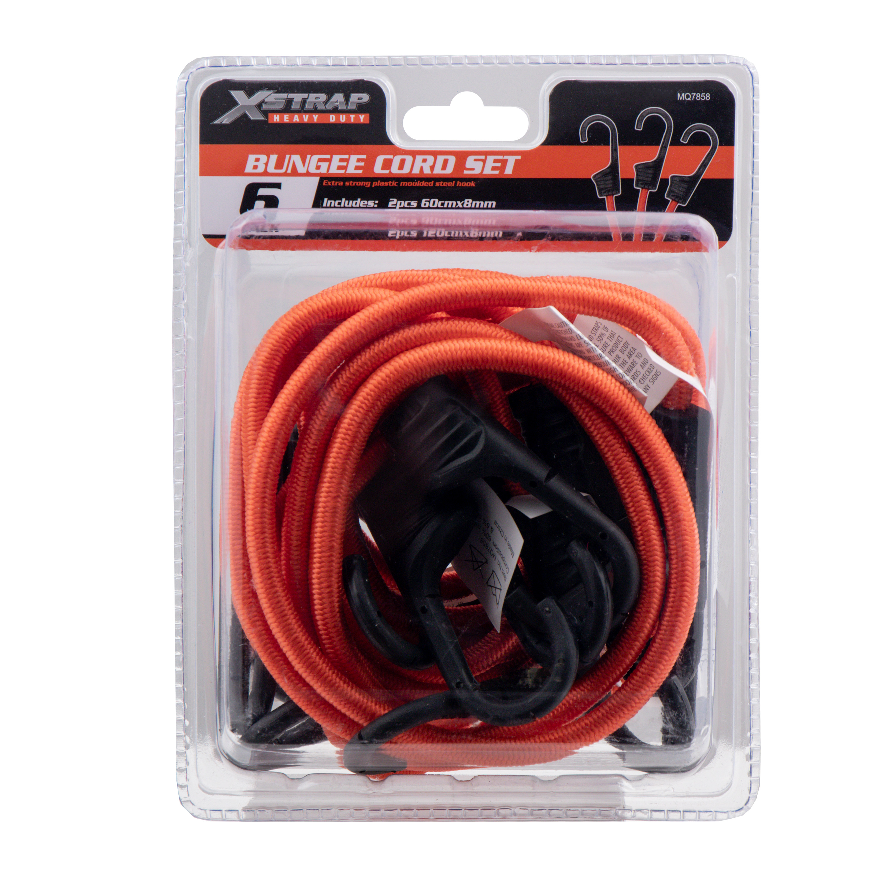 Round 8mm bungee cord featuring a strong plastic moulded hook around a central steel core for durability.