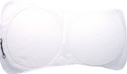 A white Springshades front sun shade, sized at 152 x 77cm, designed to reflect sunlight from your dashboard.