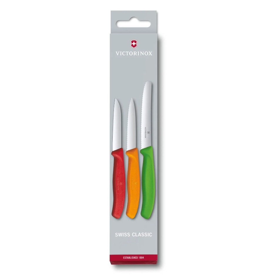 Brighten up your kitchen with this vibrant paring knife trio. The Victorinox Swiss Classic 3-Piece Paring Knife Set (6.7116.32) combines versatility and performance, featuring high-carbon stainless steel blades paired with assorted colorful polypropylene handles. Designed for precision and ease, these lively kitchen essentials glide effortlessly through a wide range of fruits and vegetablesfrom limes and potatoes to zucchini, pomegranates, and ripe tomatoes. Offering exceptional control and everyday chopping versatility, this cheerful set also makes a thoughtful and fun gift.