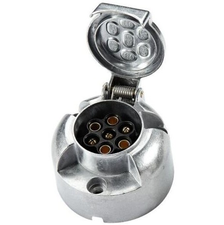 A metal female 7-pin trailer socket designed for reliable power and signal connection to the tow vehicle.