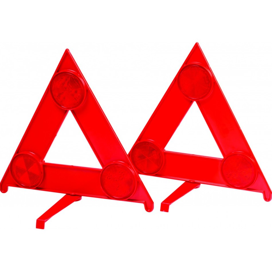 A universal pair of easily deployable warning triangles for essential roadside safety and emergency visibility.