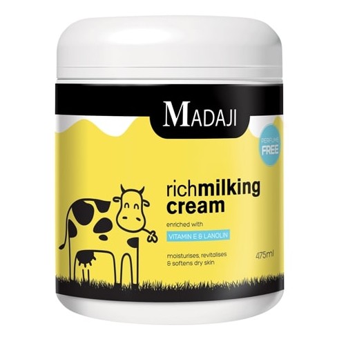 Madaji Milking Cream is an excellent skin nourishment cream that nourishes, revitalises, and softens dry skin, and is specially designed to soften the udder and quarters. Enriched with vitamin E, it leaves the udder soft and supple, while its antibacterial effect helps prevent infection and its softening agents smooth the skin. The cream is safe for cattle as it contains no harmful chemicals or perfume, does not taint milk, and replenishes lost moisture to prevent dry and flaky udders. It is easy to apply, has no side effects, and is intended for external use only; apply to the affected area and gently rub until absorbed into the skin.