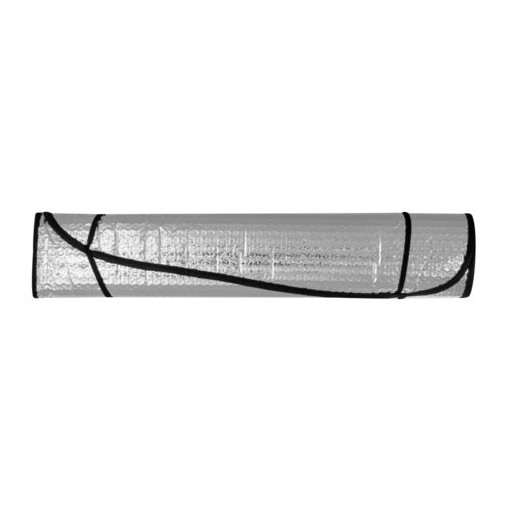 A silver, 1400x700 aluminum foil Springshade Carcool that efficiently blocks sun and reduces cabin temperature.