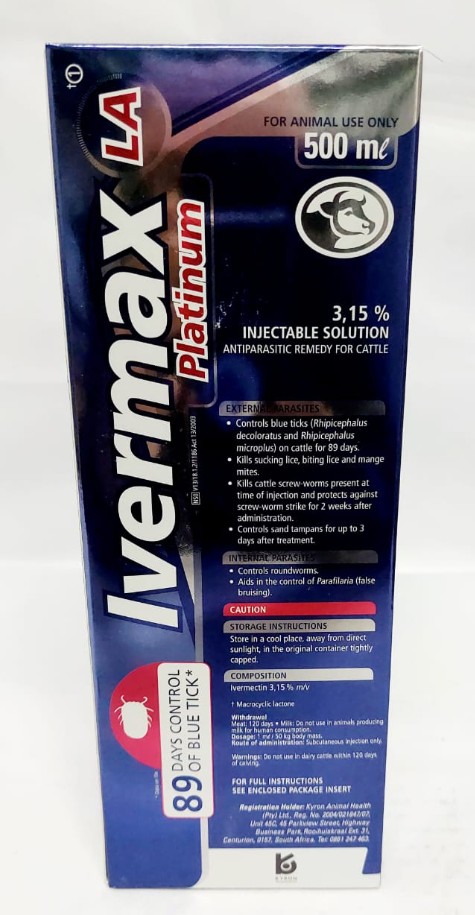 This antiparasitic remedy for cattle provides comprehensive protection against both external and internal parasites. For external parasites, it controls blue ticks for up to 89 days, kills sucking and biting lice as well as mange mites, eliminates cattle screw-worms present at the time of injection and protects against screw-worm strike for two weeks, and controls sand tampans for up to three days after treatment. For internal parasites, it controls roundworms and helps manage Parafilaria (false bruising), ensuring overall improved cattle health and productivity.
