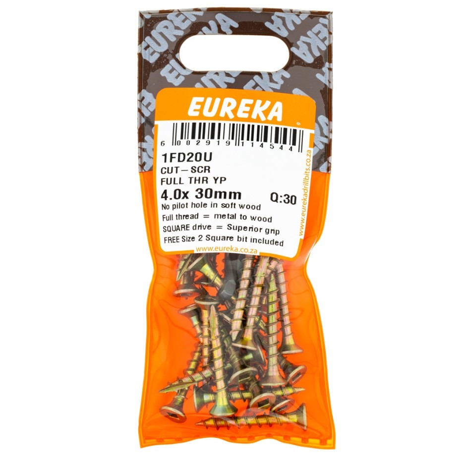 Cut screw full thread screws are designed with a wood-cutting point (T17), allowing them to cut directly into wood without the need for pilot holes in softwood.For screws sized 3mm to 4mm, no pilot hole is necessary.These screws are compatible with correctly sized square bits that fit snugly into the screw drive, ensuring:Minimal strippingOne-handed operationIncreased grip,Quicker job completion.&nbsp;Additionally, all screws are coated in Class 3 yellow passivation, providing excellent rust resistance, making them durable and suitable for various woodworking applications.