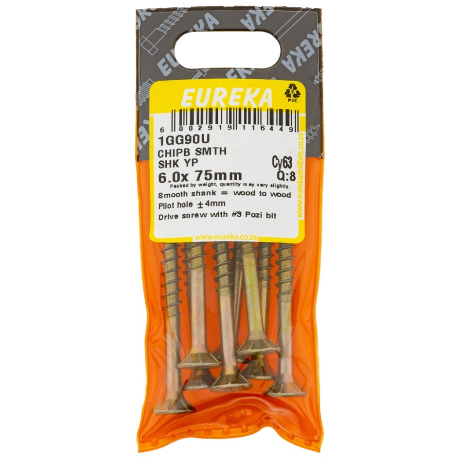 Chipboard Screws are ideal for chipboard and softer types of wood.The smooth shank part of the screw allows it to spin in the top piece of wood and at the same time pull the bottom piece tightly against the top piece, thus leaving no gap between the two.The smooth shank prevents the screw head from pulling into the top piece of wood while it is driven into the bottom piece.These screws feature Pozi drive heads.They are yellow passivated and have great weather resistance.