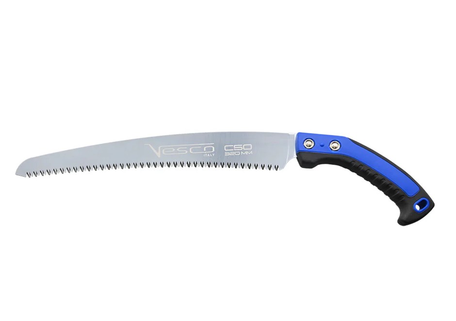 The Vesco C50/32 curved blade pruning saw is crafted in Italy and designed for precise, clean cuts using a pull-stroke action. The saw comes with a protective plastic sheath featuring a flat rotating belt loop for convenient carrying. Its blade has tempered teeth that form a three-sided cutting edge, providing exceptional strength and durability for superior performance. A chrome finish on the blade ensures smooth, nearly effortless sawing, while the ergonomically designed composite handle enhances comfort during use.