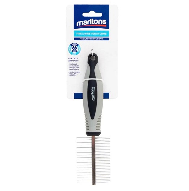 The Fine & Wide Tooth Comb is a versatile, dual-sided grooming tool designed to keep your pets coat healthy and well-maintained. Suitable for cats and dogs of all coat types, it helps detangle knots, smooth the coat, prevent matting, and encourage regular grooming habits, making your pet feel pampered with every stroke. The comb features wide teeth for detangling, fine teeth for smoothing, an ergonomic handle for comfortable control, and smooth-edged teeth that are gentle on the skin, while also helping to distribute natural oils for a soft, shiny finish.