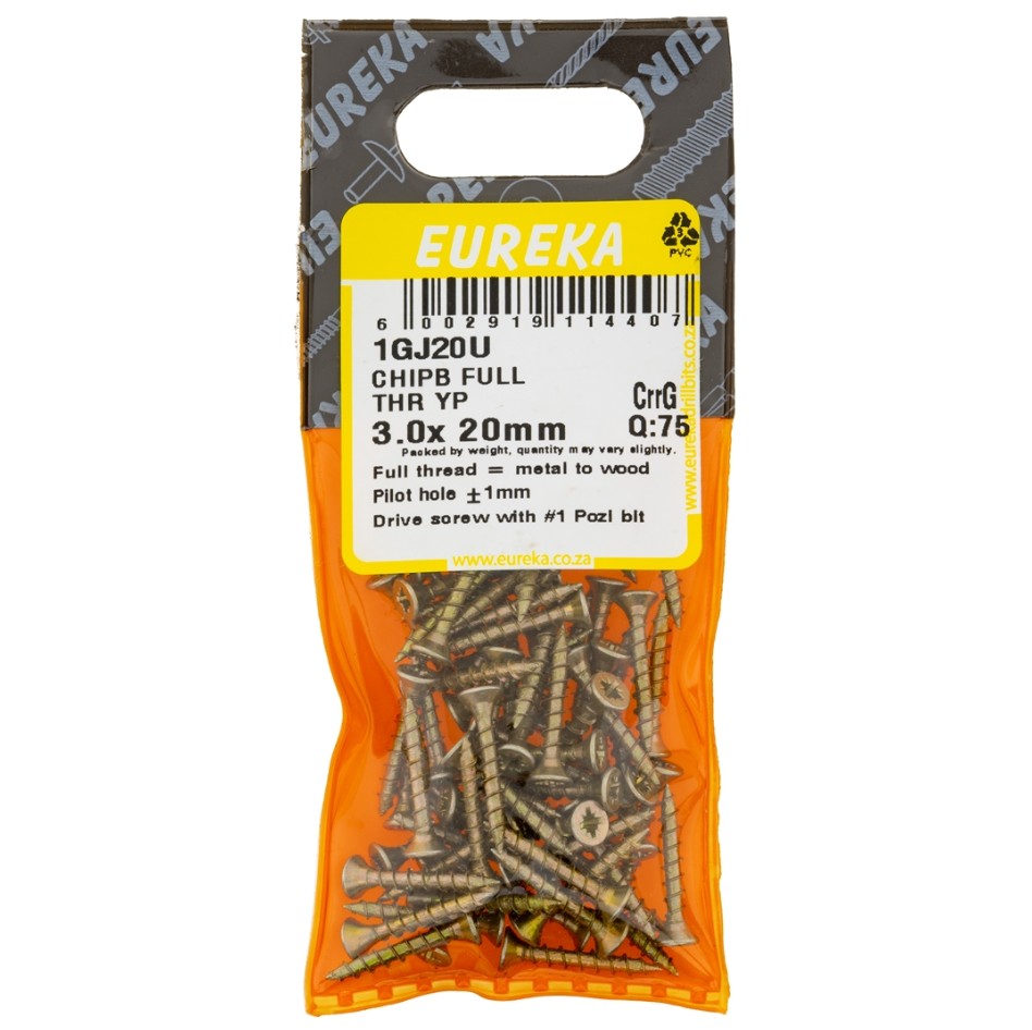Chipboard Screws with full thread are ideal for chipboard and softer types of wood.When driving in full thread screws, the top material cannot move along the shank. Instead, it is held in place by the threads.Can be used to join thin pieces of material like metal to wood.These screws feature Pozi drive heads.They are also yellow passivated providing rust resistance.