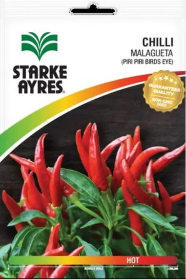 Starke Ayres Chilli Malagueta (Piri Piri Birds Eye) produces strong, vigorous plants that yield pungent fruit, ripening from green to red. The seeds typically germinate within 15 to 18 days, and the plants reach maturity in about 75 to 80 days. For best results, sow the seeds at a depth of 1 cm in full sun during spring and summer. This variety is rated hot on the Scoville scale, providing a noticeable level of heat.