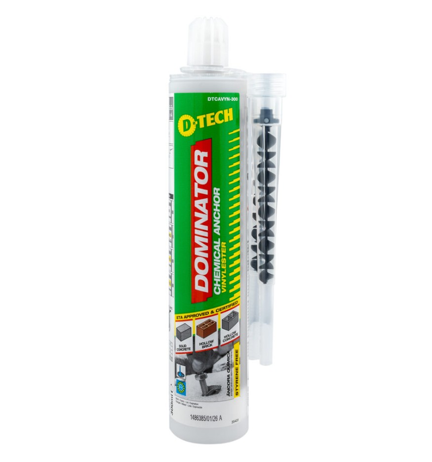 Chemical Anchor Vinylester 300ml Styrene Free Fire Rated Dominator is a two-component chemical anchoring injection system formulated from high-performance vinylester resin to deliver exceptional bond strength. It is specifically designed for anchoring threaded rods into concrete and is widely used for medium to high load applications in both horizontal and vertical installations.