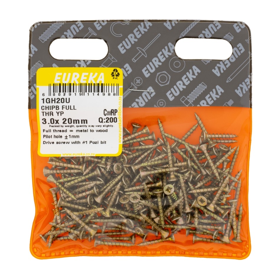Chipboard Screws with full thread are ideal for chipboard and softer types of wood.When driving in full thread screws, the top material cannot move along the shank. Instead, it is held in place by the threads.Can be used to join thin pieces of material like metal to wood.These screws feature Pozi drive heads.They are also yellow passivated providing rust resistance.