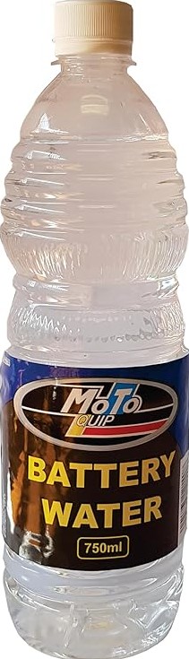 A 750ml bottle of de-ionized battery water, essential for topping up and maintaining the proper fluid level.