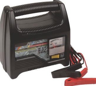 A reliable 6-amp MQ battery charger, encased in a durable plastic housing for safety and easy handling.