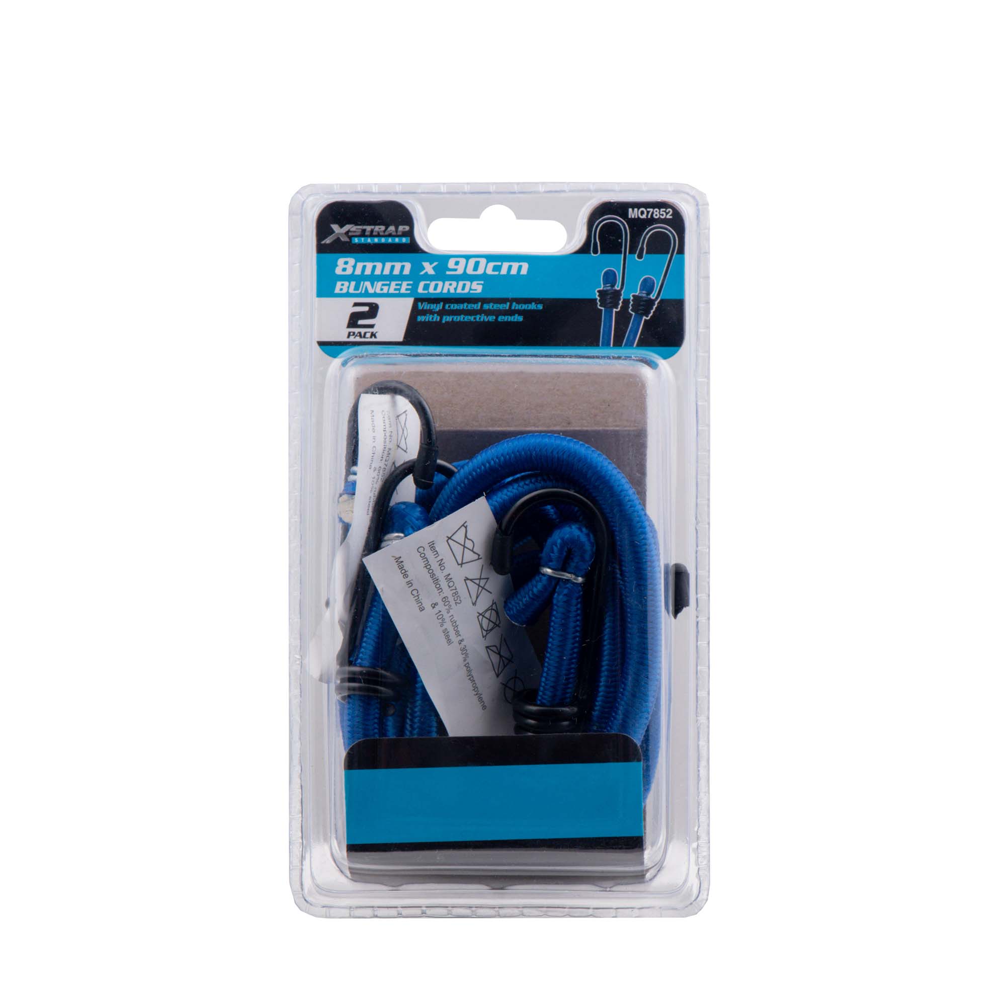 Two 90cm, 8mm round bungee cords, designed with a vinyl coating to protect against abrasion and weather damage.
