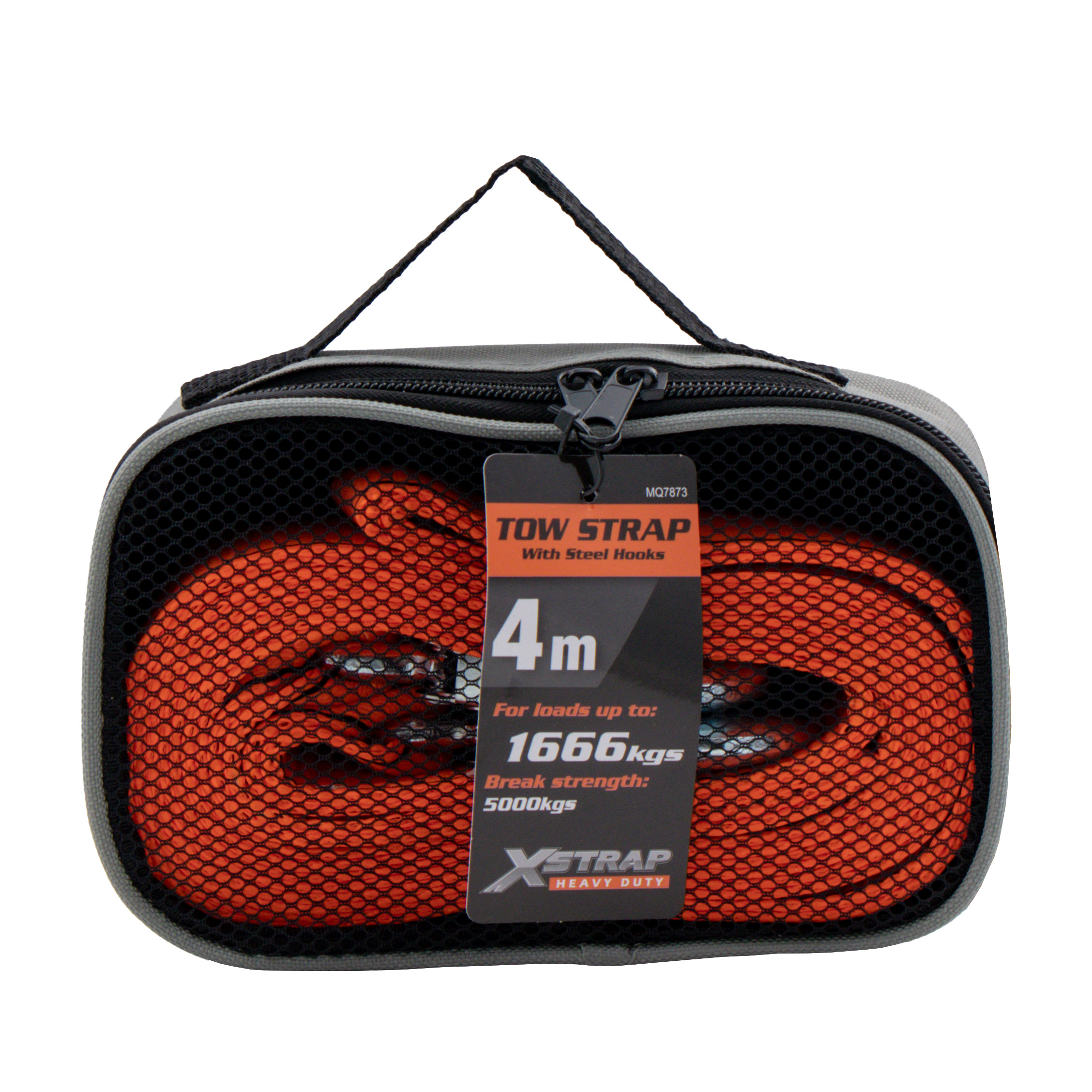 Heavy-duty towing strap with steel hooks, offering an impressive 5000kg breaking strength for recovery.