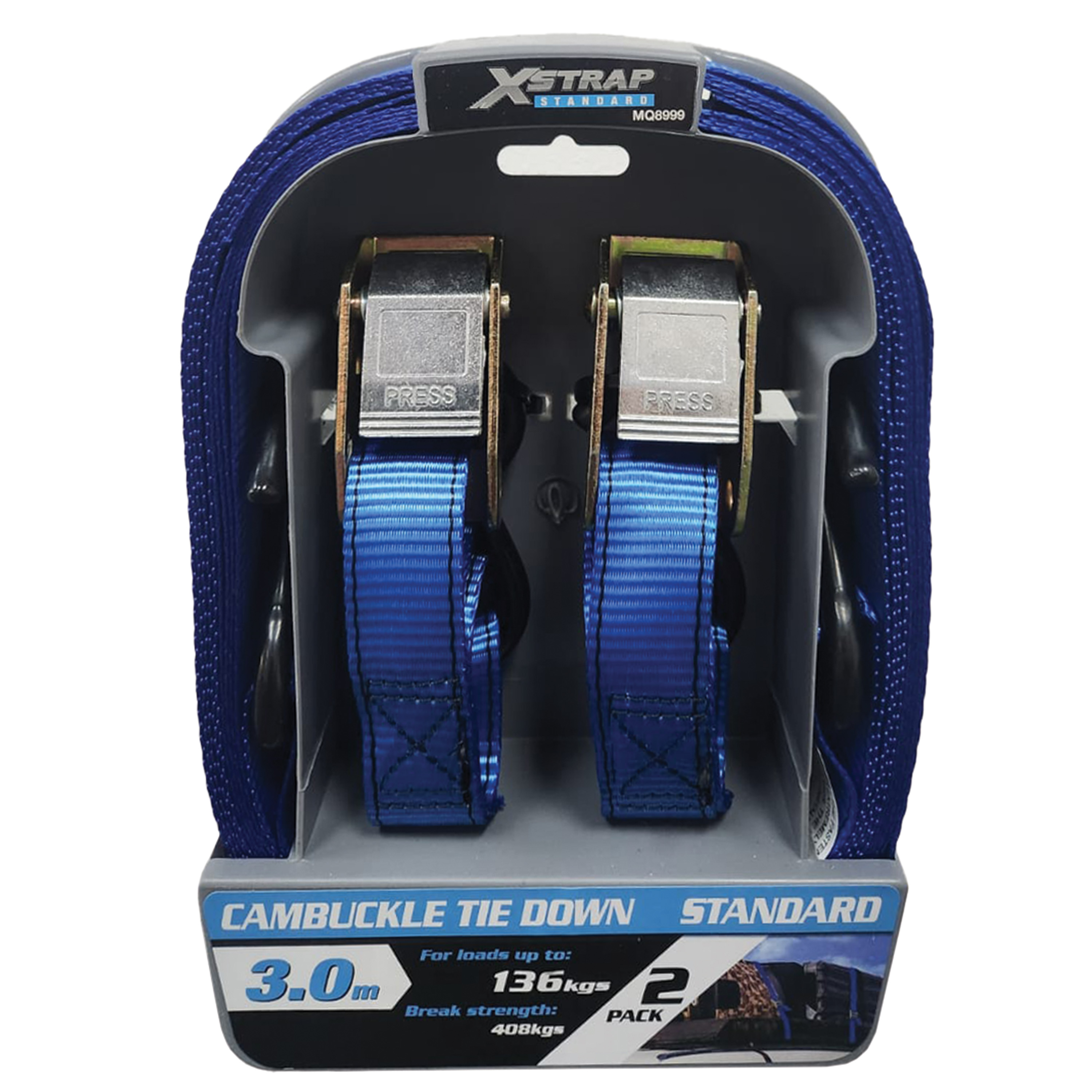 A convenient 2-pack of cam buckle tie-downs, essential for quickly securing light equipment and luggage.